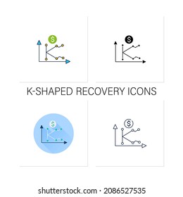 K shaped recovery icons set.Economy fluctuations.Different economy parts recover at different rates,times, magnitudes.Collection of icons in linear, filled, color styles.Isolated vector illustrations
