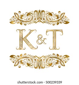 K and T vintage initials logo symbol. The letters are surrounded by ornamental elements. Wedding or business partners monogram in royal style.