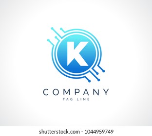 K Technology Circuit Alphabet. Logo. Simple, modern, futuristic. With Blue Gradation Color.