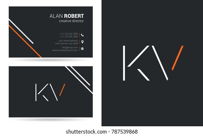K & V logo stroke letter design with business card template