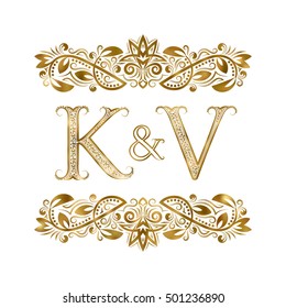 K and V vintage initials logo symbol. The letters are surrounded by ornamental elements. Wedding or business partners monogram in royal style.