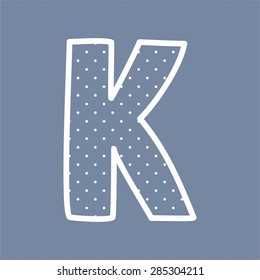 K vector alphabet letter with white polka dots on blue background