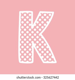 K vector alphabet letter with white polka dots on pink background