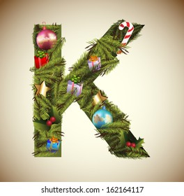 K, vector christmas tree font 