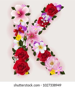 K, vector font with realistic of beautiful tropical flowers on background color.