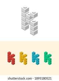 K vector letter with colourful plastic toy brick, isolated isometric 3d childish block font. Perfect for kids labels, birthday and kindergarten posters, school style, children magazines etc.