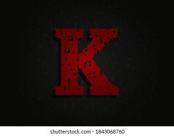 Letra roja vector K hecha de textura gruesa. Una fuente loca de miedo brutal. Diseño de estilo temático nocturno.  Para logotipo, marca, afiche, elementos de diseño, etc.   