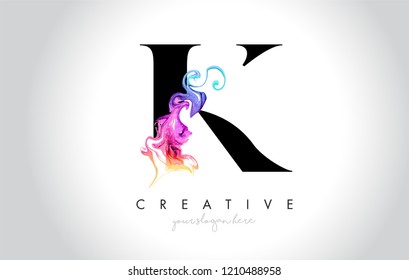 K Vibrant Creative Letter Logo Design with Colorful Smoke Ink Flowing Vector Illustration.