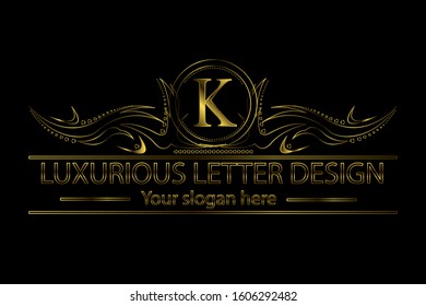 K vintage golden letter. Luxury monogram crest template design vector illustration for logo, brand name, label, cover, invitation, hotel, boutique, shop, company, gold business, jewelry or web page.