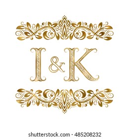 I and K vintage initials logo symbol. The letters are surrounded by ornamental elements. Wedding or business partners monogram in royal style.