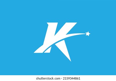 K white alphabet letter logo icon with star. Creative design for company or business on blue background