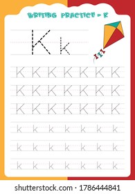 K writing practice for kids. Cartoon Illustration of kite. Preschool educational alphabet writing practice for kids. Writing book pages for kids. Uppercase and lowercase alphabet writing practice.