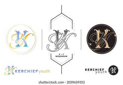 K  Y or KY initial letter and graphic name, KY or YK Monogram, for Wedding couple symbolic, company and icon business, with 3 model colors designs of isolated white backgrounds