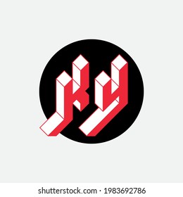 K and Y - monogram or logotype. Isometric 3d font for design. KY - Original Three-dimension letters in a black circle.