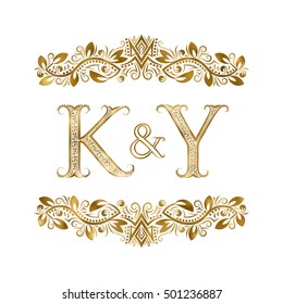 K and Y vintage initials logo symbol. The letters are surrounded by ornamental elements. Wedding or business partners monogram in royal style.