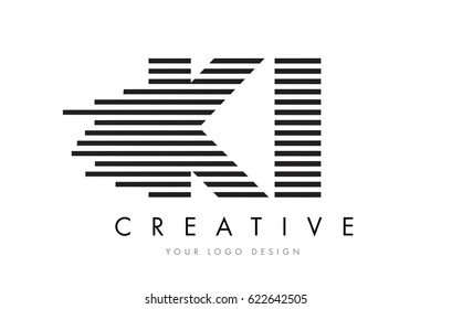 K I Zebra Letter Logo Design with Black and White Stripes Vector