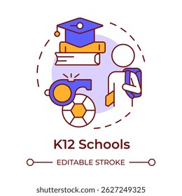 K12 schools multi color concept icon. Sport events, competition. Education materials. Round shape line illustration. Abstract idea. Graphic design. Easy to use in article, infographic