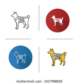 K9 police dog icon. Flat design, linear and color styles. German Shepherd. Military dog breed. Isolated vector illustrations