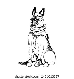 K9 perro sentado de pastor alemán o malinois belga en bozal y chaleco ilustración vectorial. Dibujo de tinta de perro guardián militar para diseños de día de veteranos