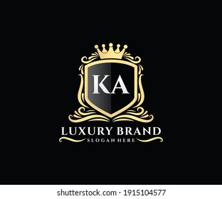 KA Initial Letter Gold calligraphic feminine floral hand drawn heraldic monogram antique vintage style luxury logo design.