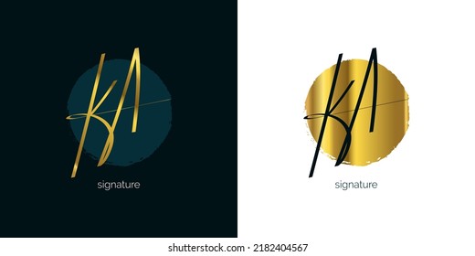 KA Initial Signature Logo Design with Elegant and Minimalist Gold Handwriting Style. Initial K and A Logo Design for Wedding, Fashion, Jewelry, Boutique and Business Brand Identity