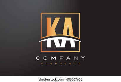 KA K A Golden Letter Logo Design with Swoosh and Rectangle Square Box Vector Design.