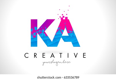 KA K A Letter Logo with Broken Shattered Blue Pink Triangles Texture Design Vector Illustration.