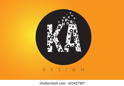 KA K A Logo Design Made of Small Letters with Black Circle and Yellow Background.