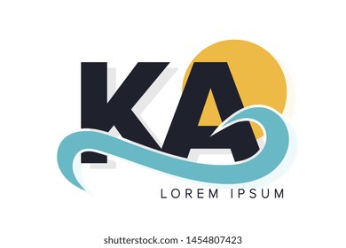 KA letter logo with ocean waves and sunset. Beach concept design