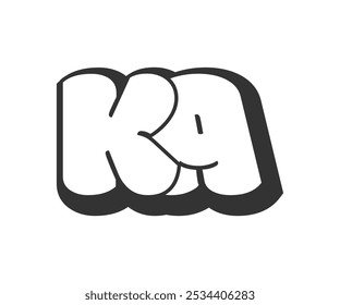 Logo do KA, letras cômicas bolha, arredondado em estilo graffiti silhueta preto e branco. Na moda pré-escola K e um texto de carta para a festa do festival, iniciais pessoais, crianças impressão funky e web. Vetor