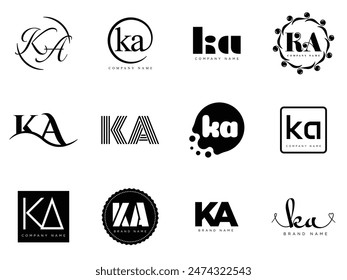 KA logo company template. Letter k and a logotype. Set different classic serif lettering and modern bold text with design elements. Initial font typography. Collection trendy business identity.