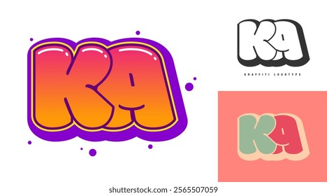 KA logo design for festival or party. Initial letter k and a in graffiti style. Creative modern lettering company name of font typography. Kids trendy logotype or identity. Vector illustration.