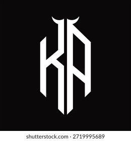 KA Logo monograma con forma de cuerno aislado Plantilla de diseño en blanco y negro sobre fondo negro