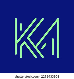 KA monogram logo signature icon. Alphabet initials. Abstract neon letter k, letter a. Lettering sign. Modern deco design, web, tech style bold characters. Geometric intertwined lines typography.