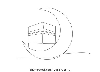 Kaaba above the crescent moon. Eid al adha concept one-line drawing