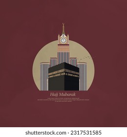 Kaaba and Clock Tower or Abraj Al Beit vector Greeting card with Arabic Translations: (Eid Mubarak) 