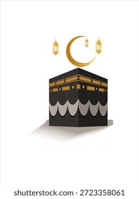 Kaaba com Lua Crescente e Lanternas Festival Religioso Árabe Gráfico