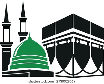Kaaba and Green Dome Mosque Vector Illustration – Islamic Religious Symbol Design