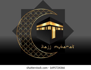 Kaaba of hajj in Mecca Saudi Arabia and golden crescent moon, Hajj Mubarak & happy feast. Celebration of mawlid al nabi. Gold arabic texture background 