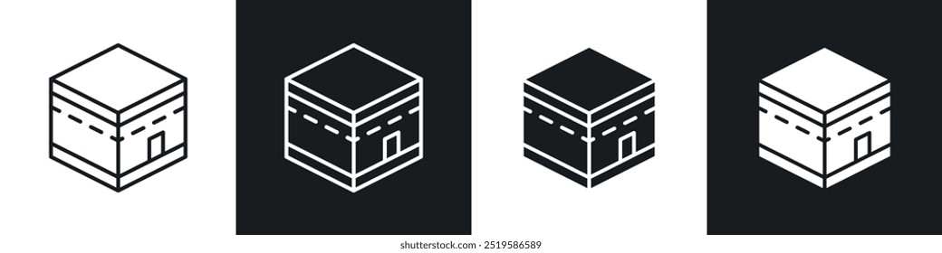 Kaaba icon collection in black and white filled and stroke line style.