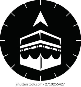Icono de Kaaba con marcas de brújula y flecha direccional en círculo negro, que simboliza la dirección de la qibla para la oración musulmana y la guía religiosa.