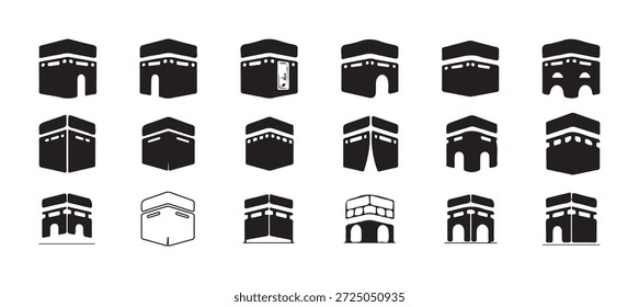 Kaaba Icon Set. Islamic Religious Symbols, Islamic Kaaba Collection in Black Flat Style, Muslim Holy Kaaba Landmark Icons, Hajj and Umrah. vector illustration eps 10