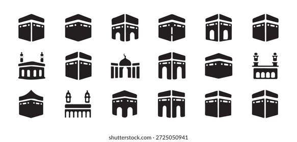 Kaaba Icon Set (em inglês). Símbolos religiosos islâmicos, Coleção de Kaaba islâmica em estilo preto plano, Ícones muçulmanos sagrados de referência de Kaaba, Hajj e Umrah. ilustração vetorial eps 10