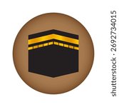Kaaba Icon Vector Design with Golden Details in Brown Circle Background, kaaba illustration mecca vector, islamic religious vector holy site workship place, pilgrimage makkkah icon vector illustration