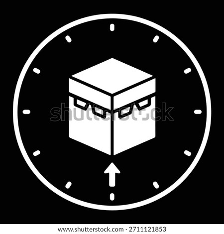 Kaaba icon within a clock outline. symbolizing qibla direction, muslim pray icon, prayer times, islamic calendar, and devotion.