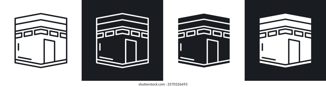 Kaaba icons vectors set in black. line and flat versions