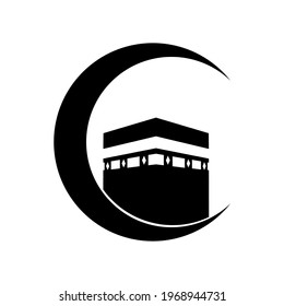 The Kaaba, Ka'ba, Ka'bah or Kabah and Crescent Moon Illustration. Moslem Icon Symbol for Islamic Logo, Pictogram or Graphic Design Element. Vector Illustration