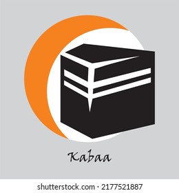 Kaaba logo silhouette in white circle and orange crescent moon.  Suitable for travel logos, mecca travel logo, symbol of Ramadhan, Eid, Hajj and Umrah Mubarak tourism. Simple Kaaba logo editable.