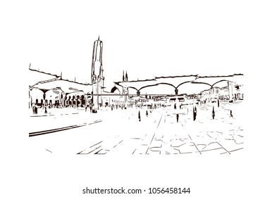 Kaaba in Masjid Al Haram in Mecca Saudi Arabia. Masjidil Haram Mosque in Makkah City, Saudia Arabia during umrah season. Eid Mubarak, Ramadan Kareem. Hand drawn sketch illustration in vector.