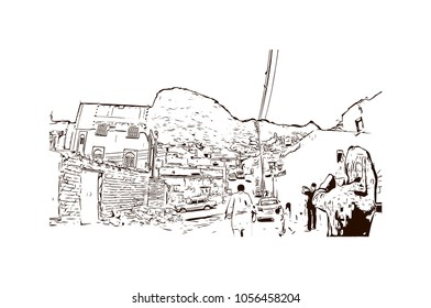 Kaaba in Masjid Al Haram in Mecca Saudi Arabia. Masjidil Haram Mosque in Makkah City, Saudia Arabia during umrah season. Eid Mubarak, Ramadan Kareem. Hand drawn sketch illustration in vector.